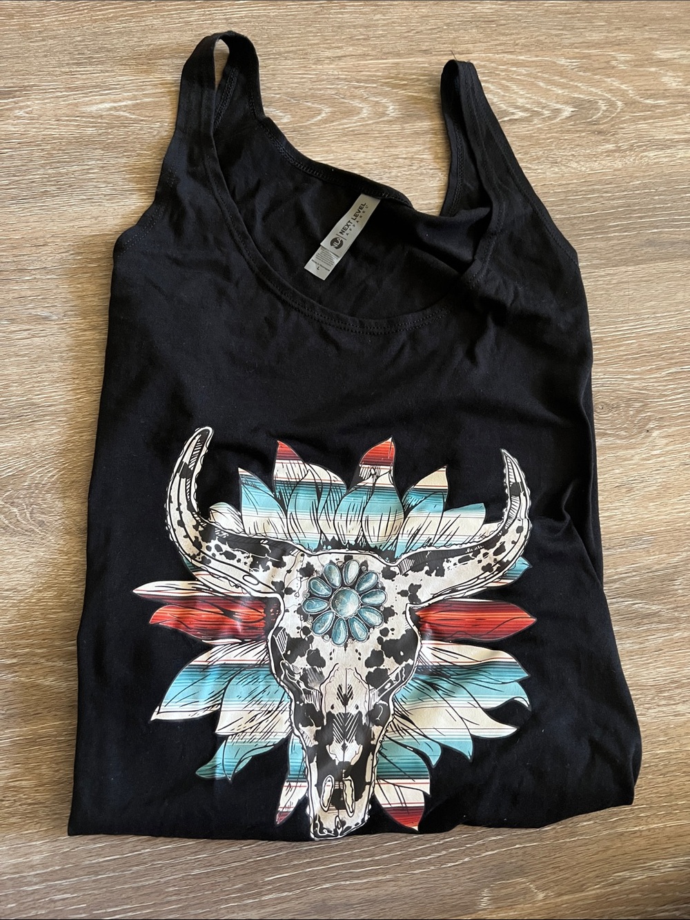 Black Graphic Tank Top with Southwestern Skull Motif